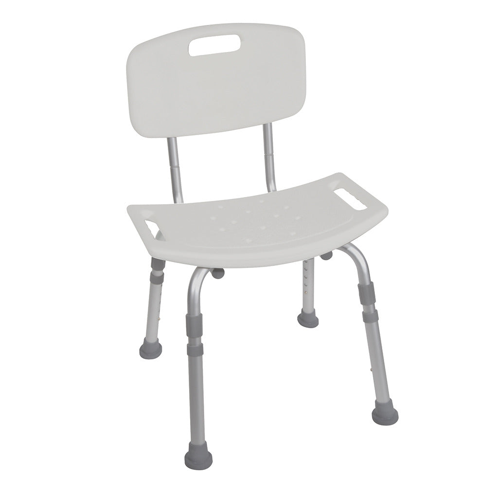 Shower bench chair with white molded seat, backrest with carry handle, aluminum frame, and adjustable legs with rubber tips