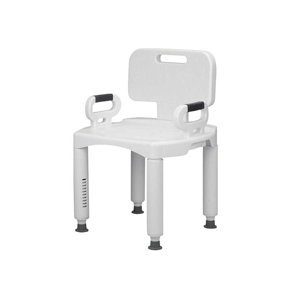 Shower chair with back, armrests, non-slip rubber feet, and height-adjustable aluminum legs, in white plastic