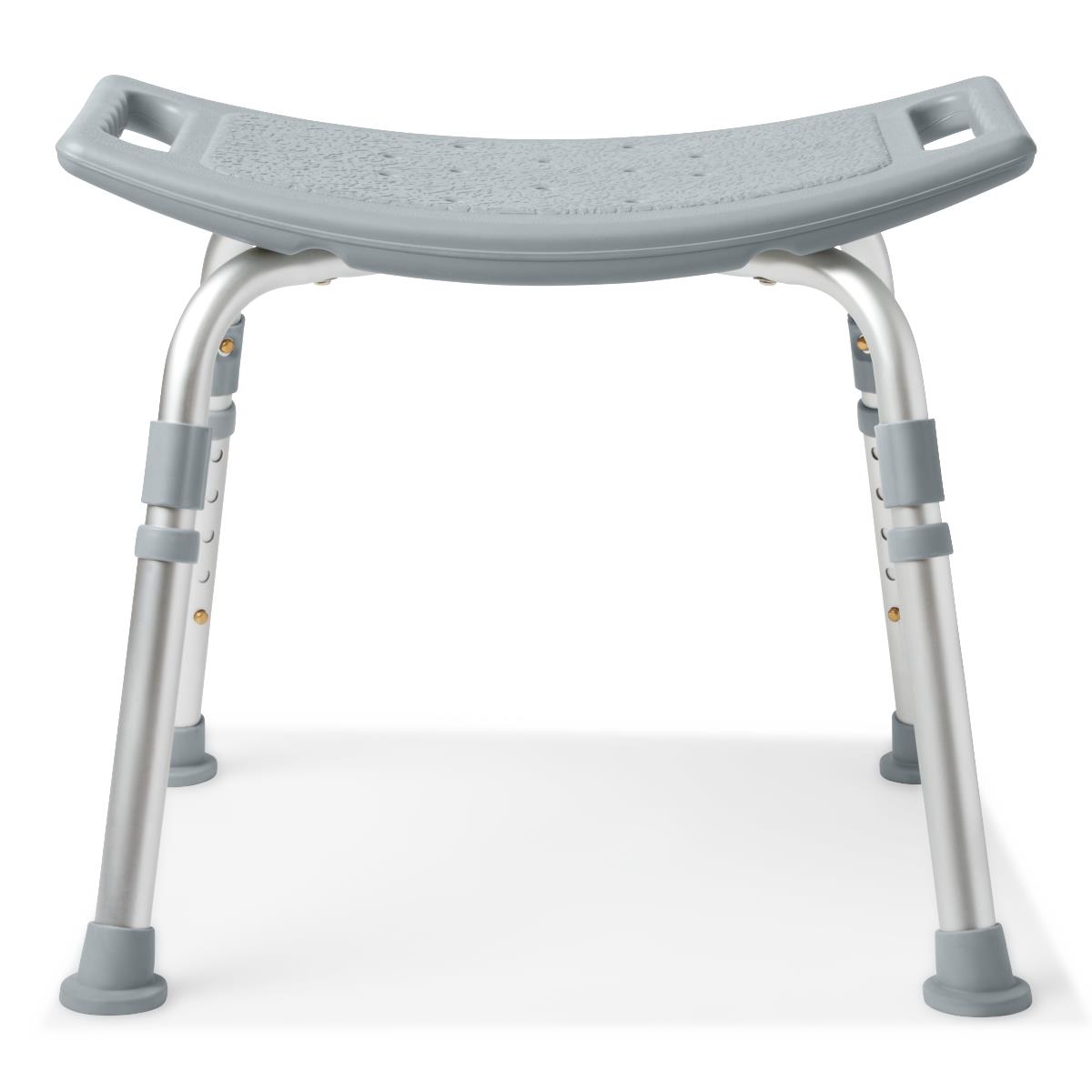 Bath bench without back featuring a gray textured seat, aluminum adjustable legs, and non-slip rubber feet