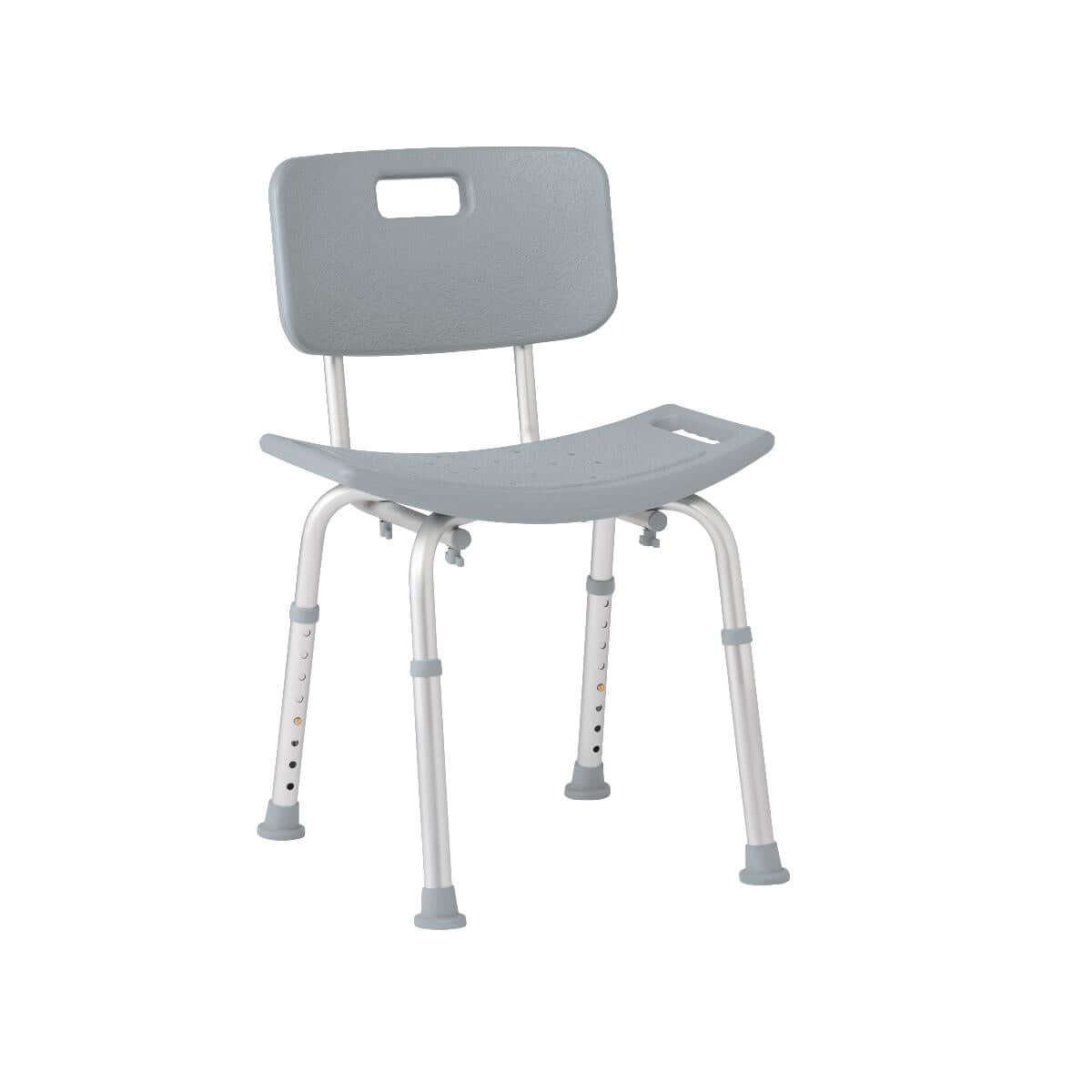 Shower chair with gray plastic seat and backrest, aluminum adjustable legs, rubber non-slip feet, and carry handle on back