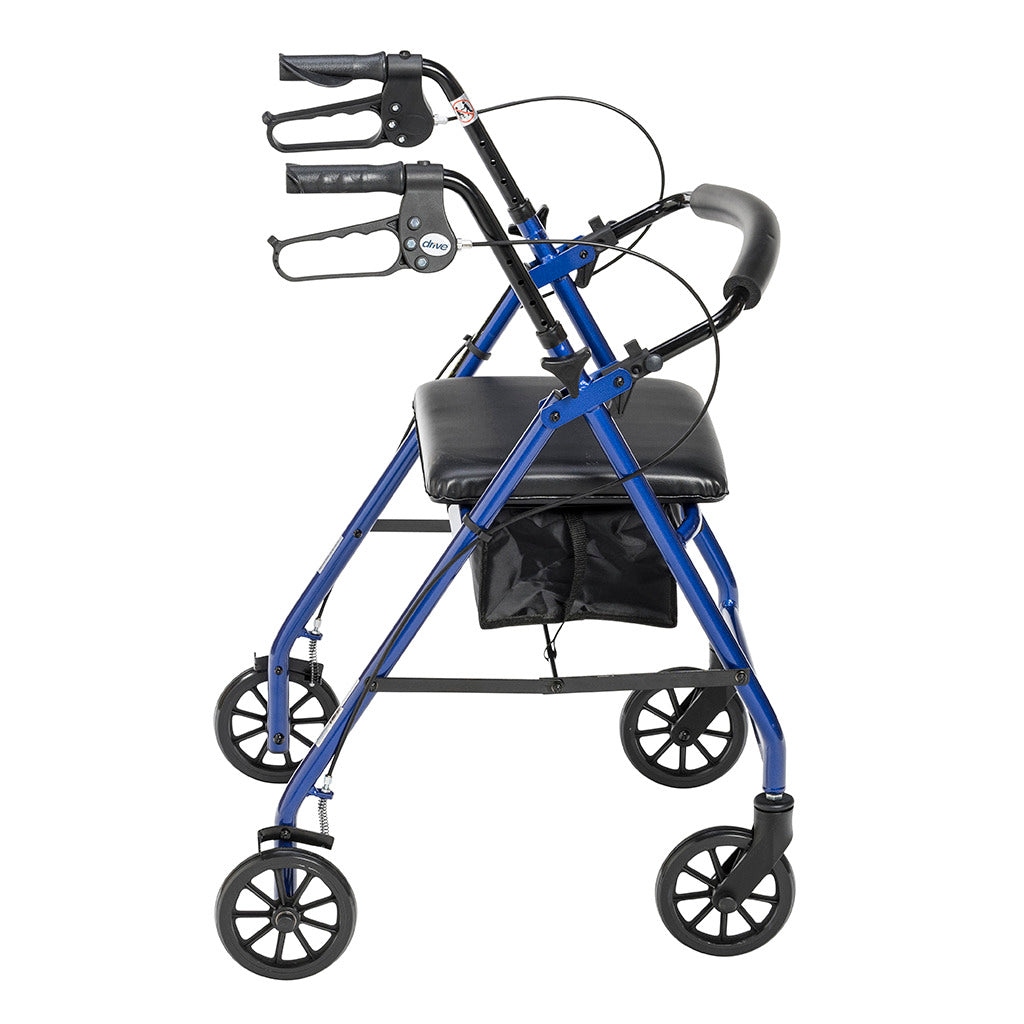 Four-wheel rollator walker with blue frame, padded seat, under-seat bag, loop brakes, and black wheels, shown from the side