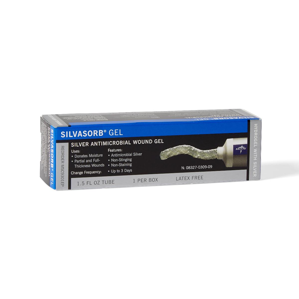 Silver antimicrobial wound gel tube in blue and black retail box labeled latex free, 1.5 fl oz, one per box