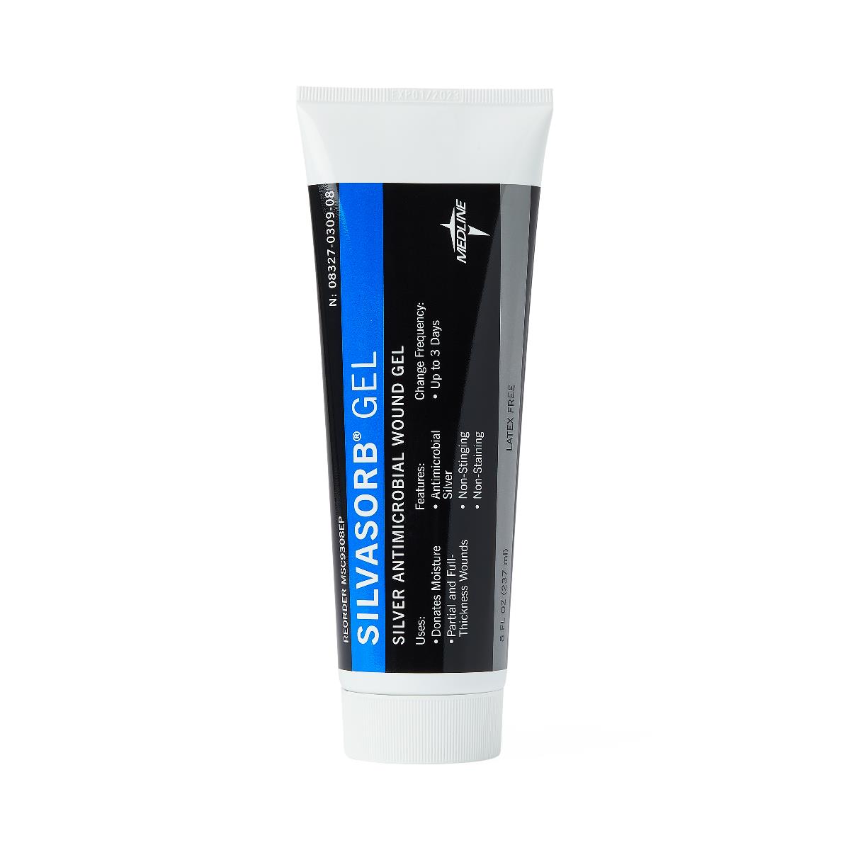 Wound gel tube with black and blue label, standing upright on white background
