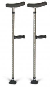 Pair of steel single-tube forearm crutches with ergonomic handles, adjustable shafts, and wide rubber base tips