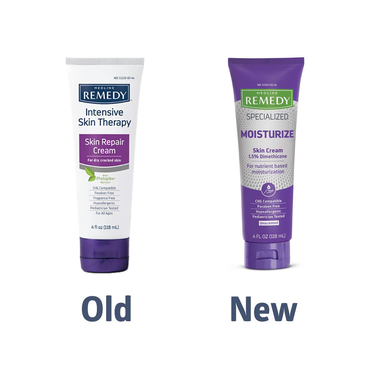 Medline Remedy skin cream tubes showing old Skin Repair Cream packaging versus new Specialized Moisturize packaging side by