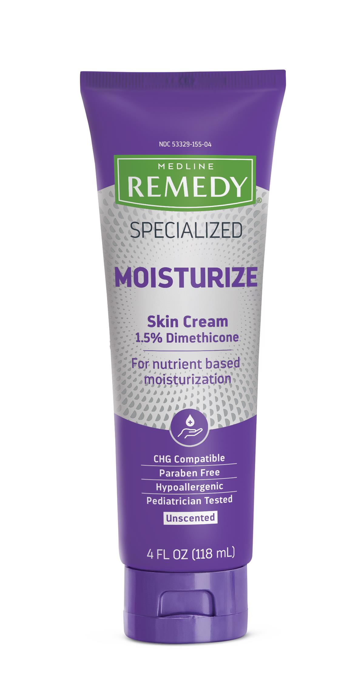 Medline Remedy Specialized Moisturize Skin Cream tube in purple, 4 fl oz, unscented with 1.5% dimethicone formula