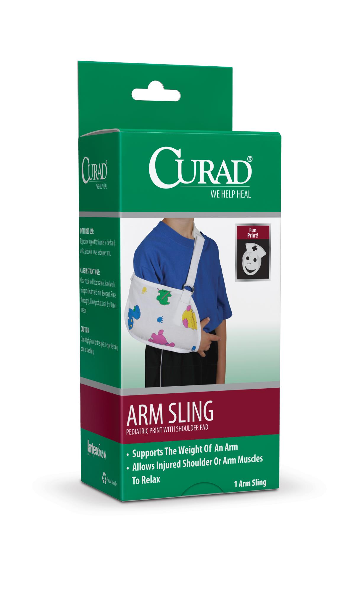 Curad pediatric arm sling in colorful splatter print shown in green retail box on child model