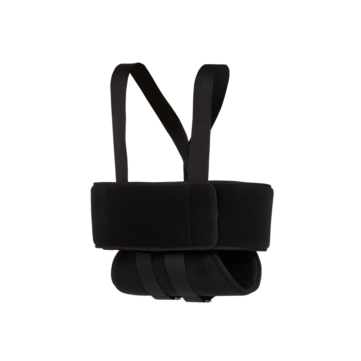 Shoulder sling and swathe in black with padded body wrap, adjustable straps, and buckle closures shown on white background