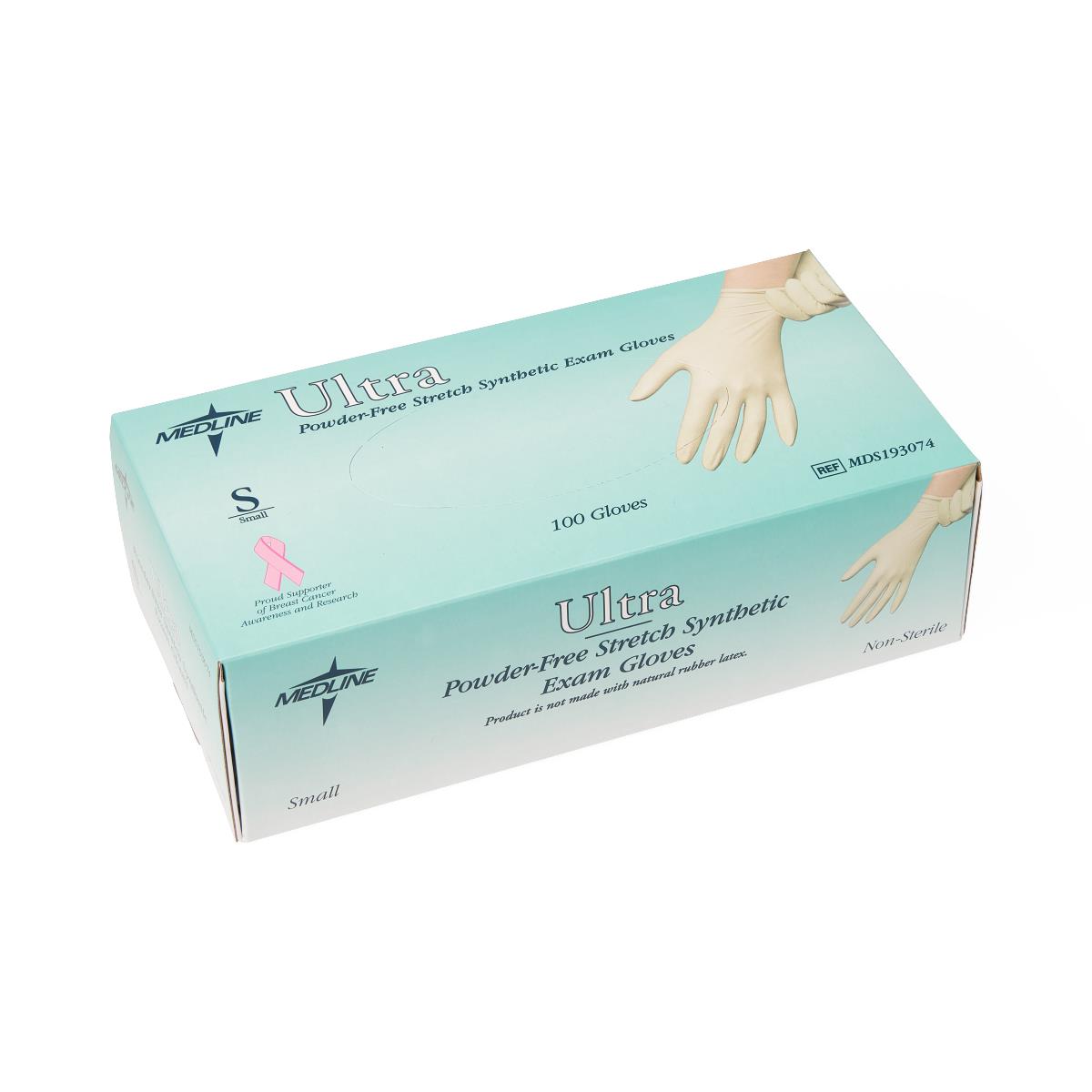 Exam gloves box of 100 powder-free stretch synthetic small gloves in teal and white Medline Ultra packaging