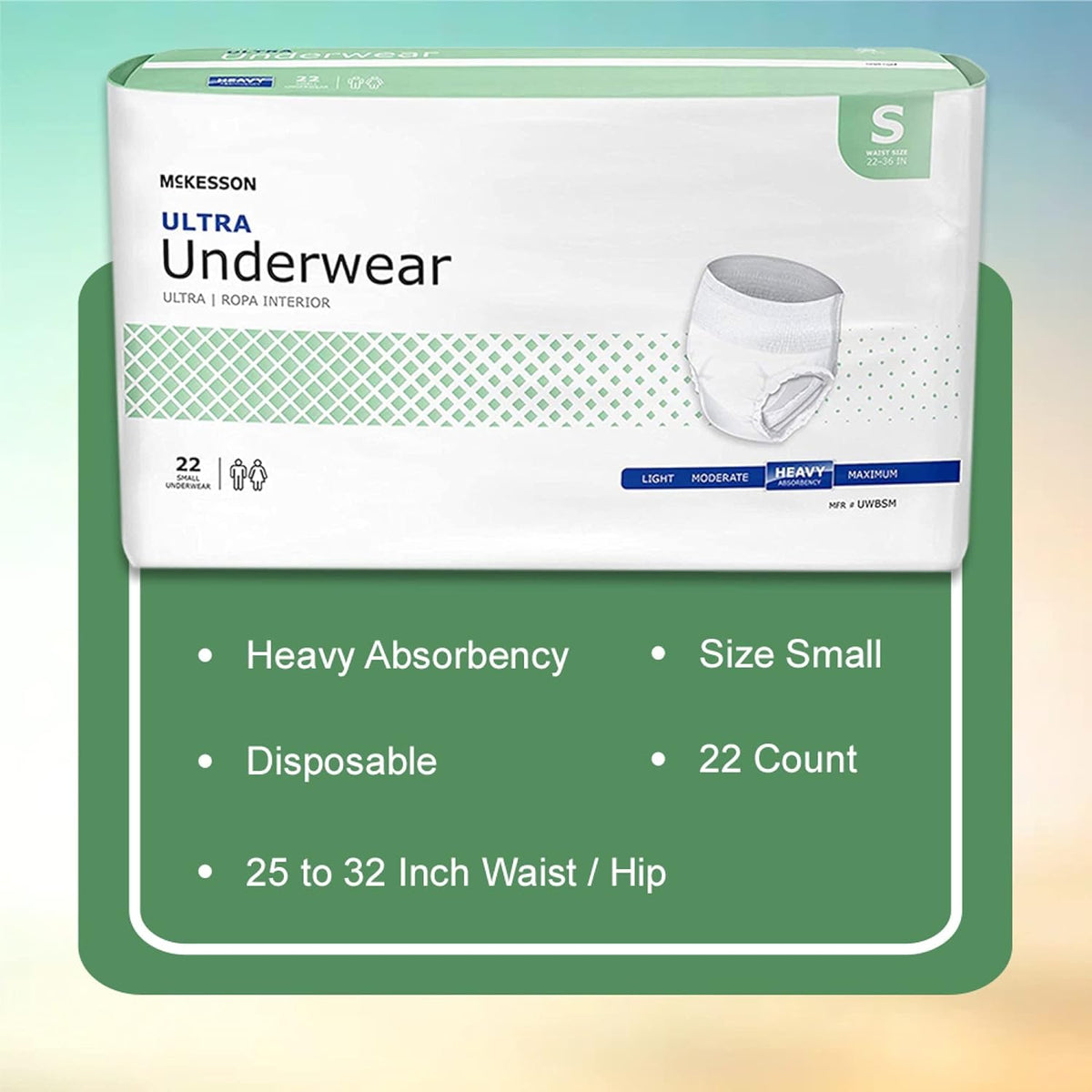 Absorbent underwear McKesson Ultra pull-on packaging, size small, 22 count, heavy absorbency, white and green bag with