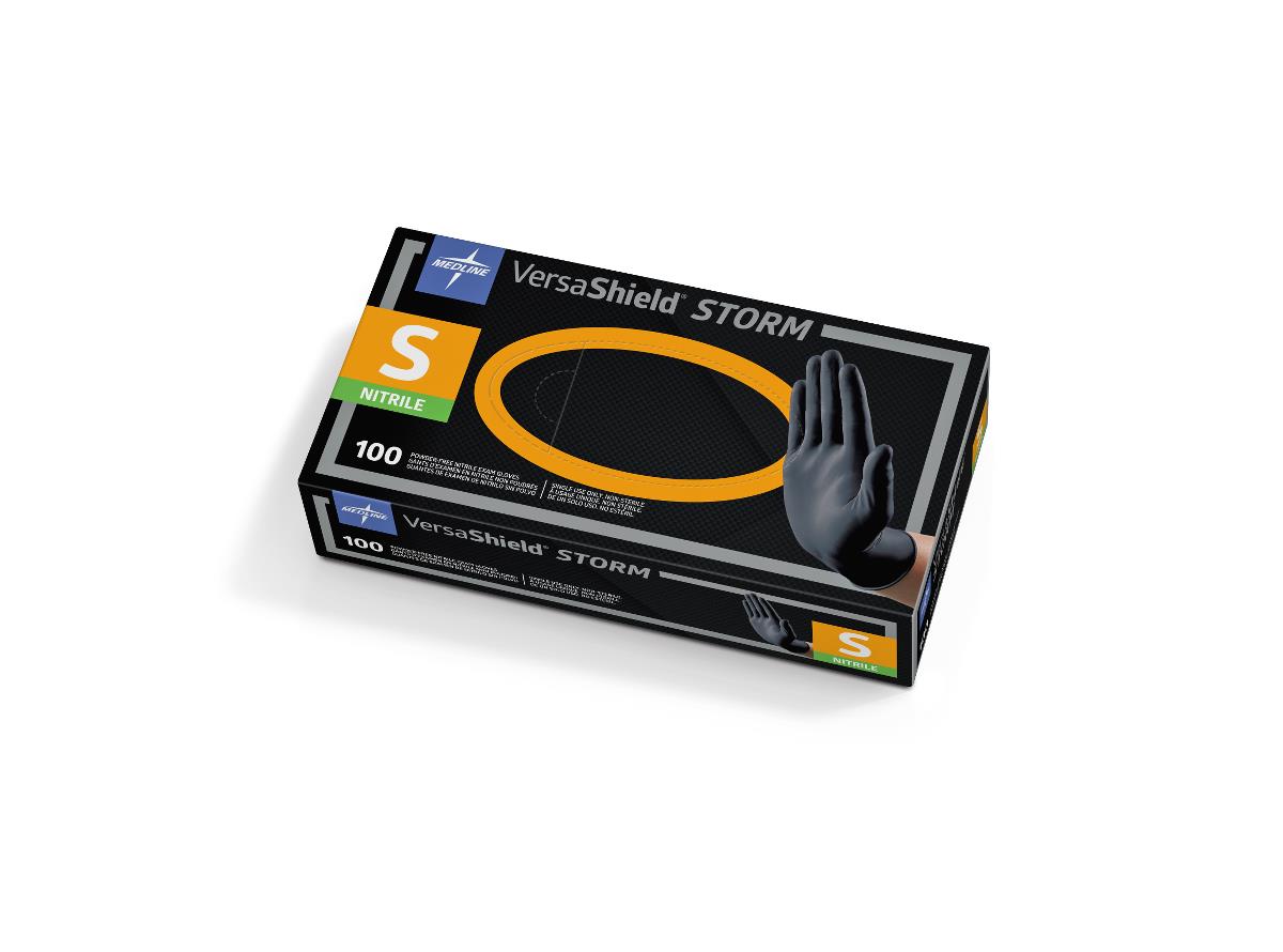 Nitrile exam gloves box, VersaShield Storm, black with orange accents, size small, 100 count, powder-free nitrile
