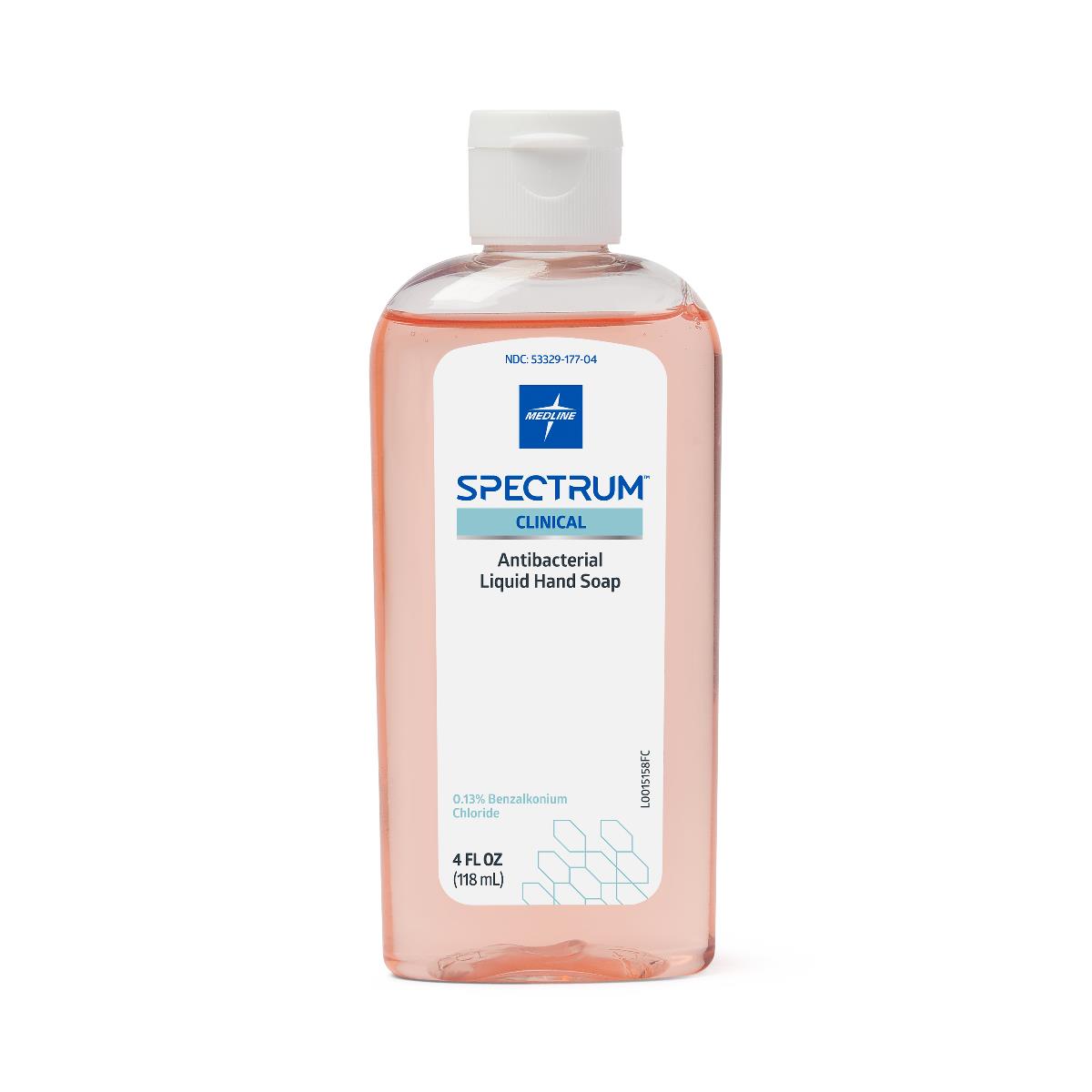 Spectrum Clinical Antibacterial Liquid Hand Soap in a small clear pink-tinted 4 fl oz bottle with flip-top cap on white