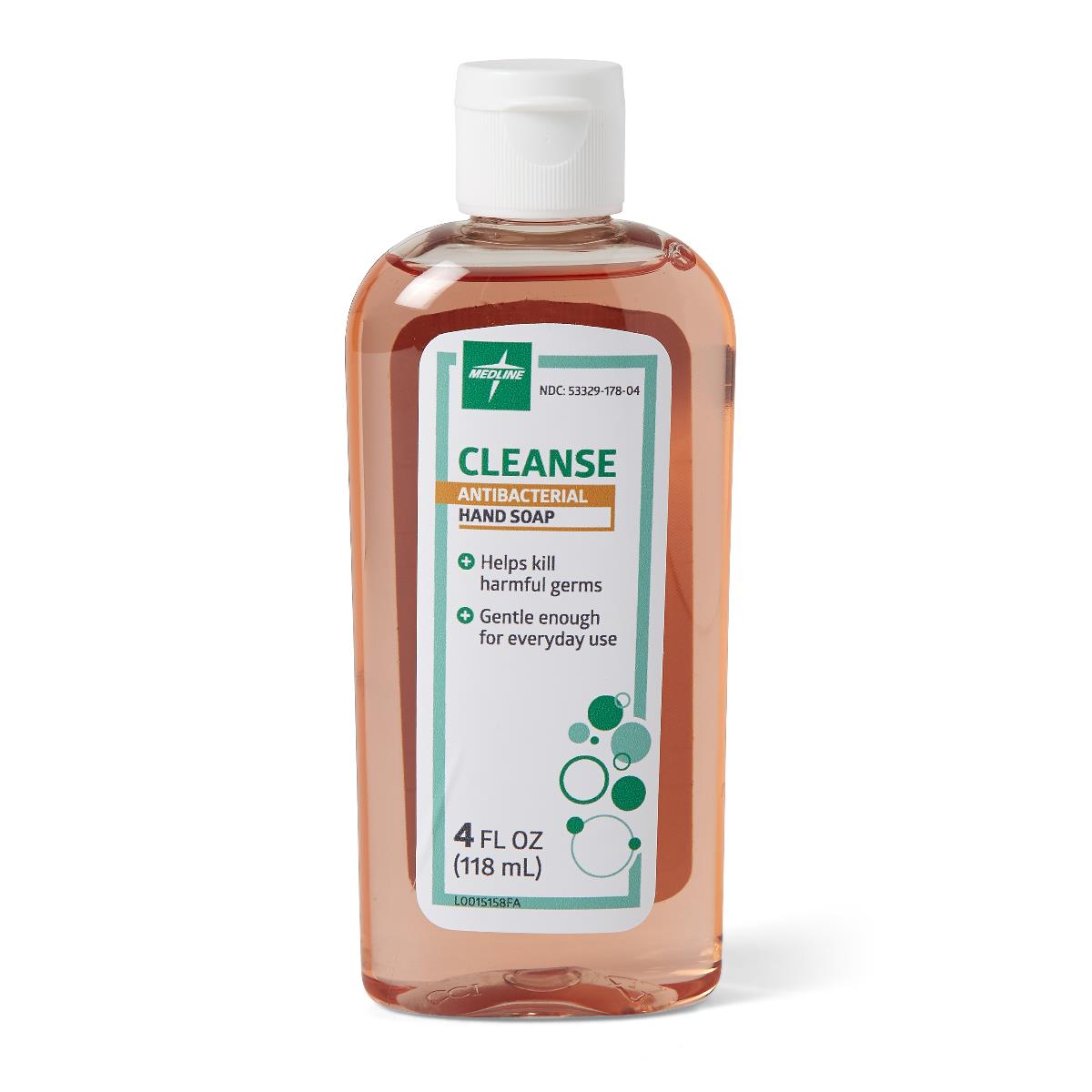 Antibacterial liquid hand soap in a clear 4 fl oz bottle with white flip cap, filled with amber-colored soap