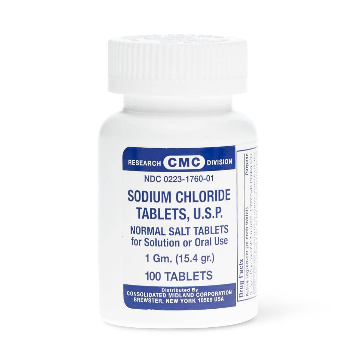 Sodium chloride tablets in a white plastic bottle with blue label, 1 Gm USP, 100 count, by CMC Research Division
