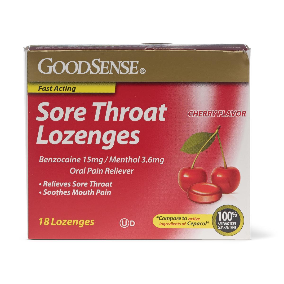 Sore throat lozenges box in red and gold packaging, cherry flavor, 18 count, with cherry illustration on front
