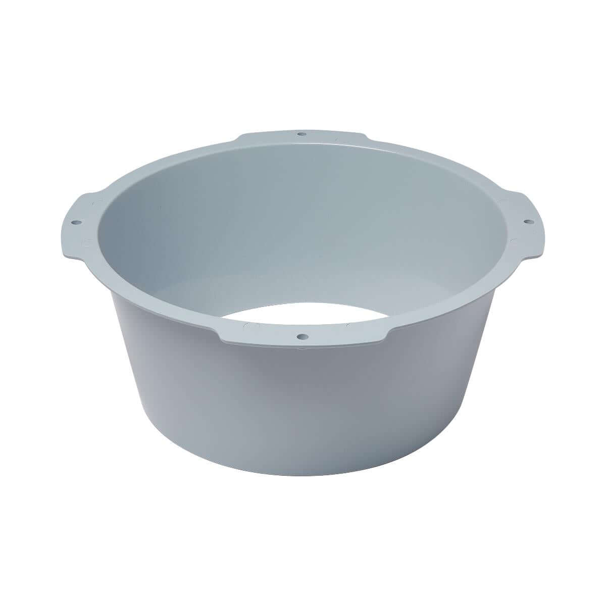 Commode splash guard bowl in light gray plastic with side mounting tabs and open bottom, shown from above at an angle