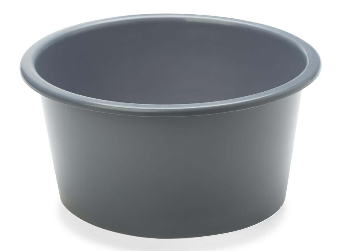 Commode splash guard basin, round gray plastic bowl with rolled rim, shown on white background