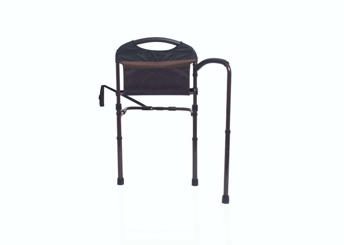Mobility bed rail with dark metal frame, padded back support, carry handle, side armrest, and adjustable legs with rubber
