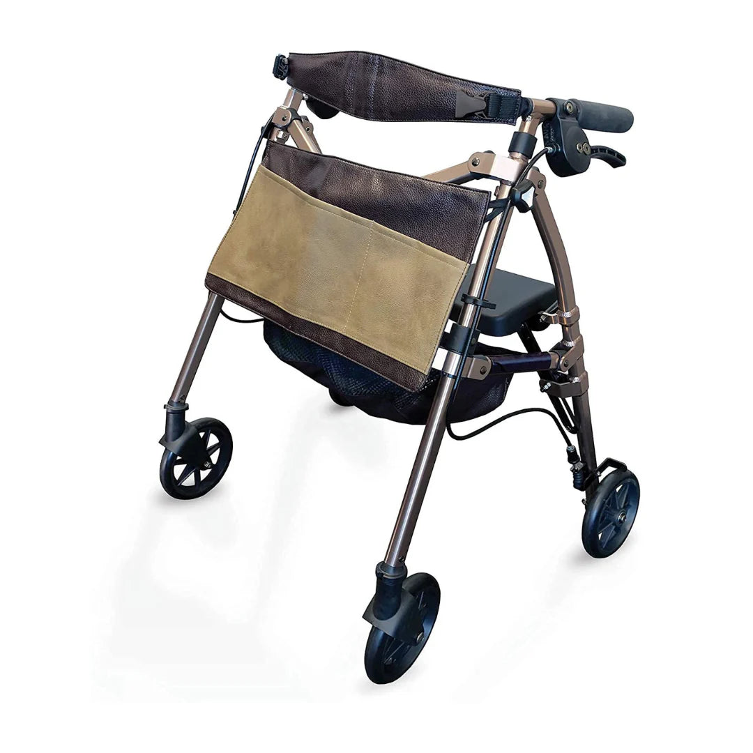 Rollator walker with bronze frame, padded backrest, hand brakes, seat, mesh basket, and two-tone brown storage bag on four
