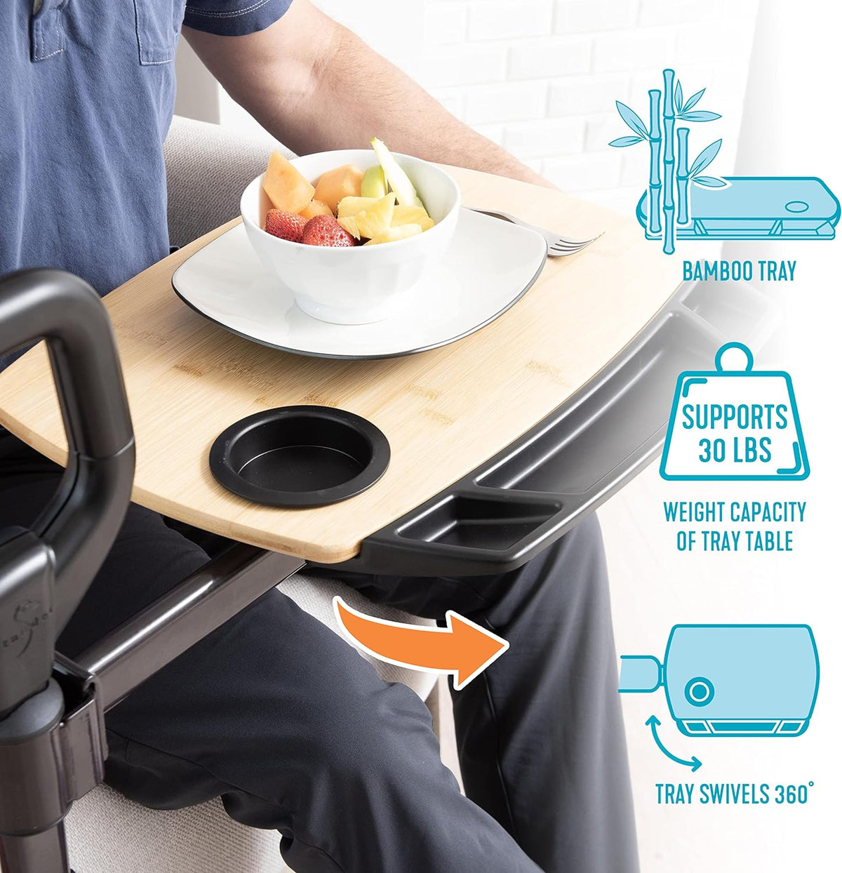 Wheelchair tray table with bamboo surface and cup holder holding a fruit bowl, with callouts noting 30 lb capacity and 360°