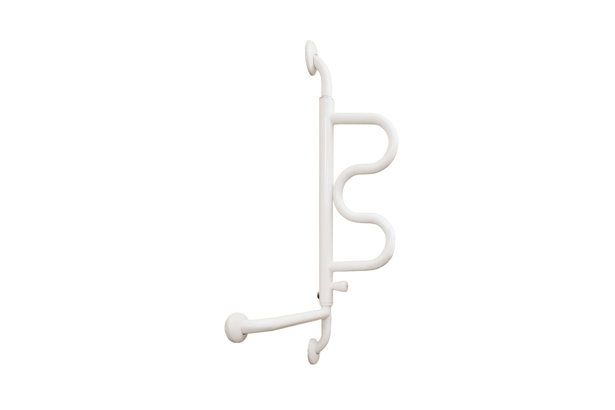 Curve grab bar wall-mounted safety handle in white with wavy mid-section and dual mounting flanges, shown against white