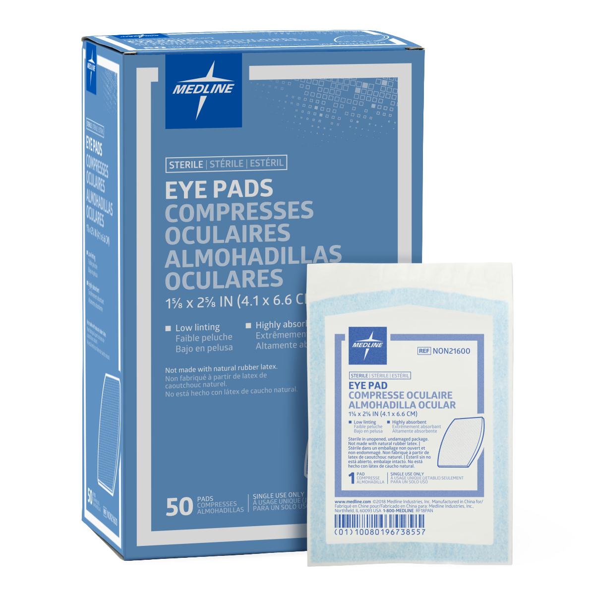 Sterile eye pads box of 50 with one individually wrapped pad shown beside blue and white packaging