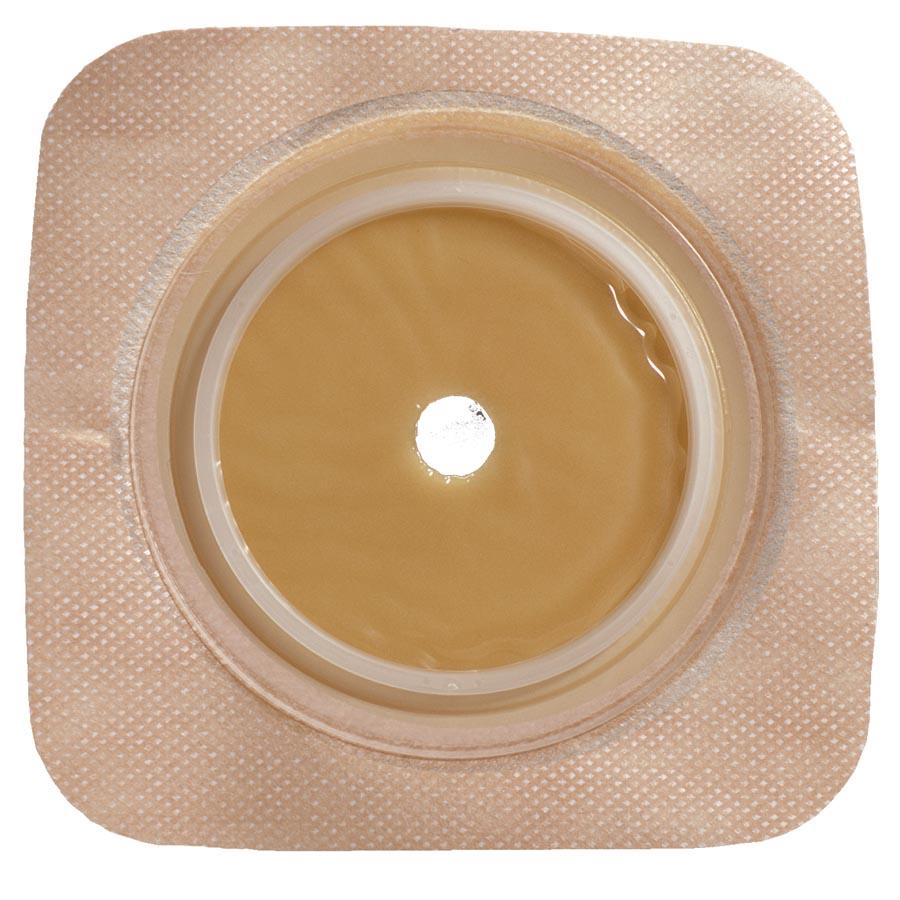 Ostomy skin barrier wafer with convex hydrocolloid center, small pre-cut stoma opening, flexible flange, and tan adhesive