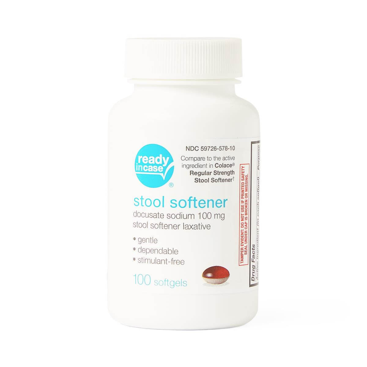 Stool softener softgels in a white plastic bottle labeled docusate sodium 100 mg, 100 softgels, on white background