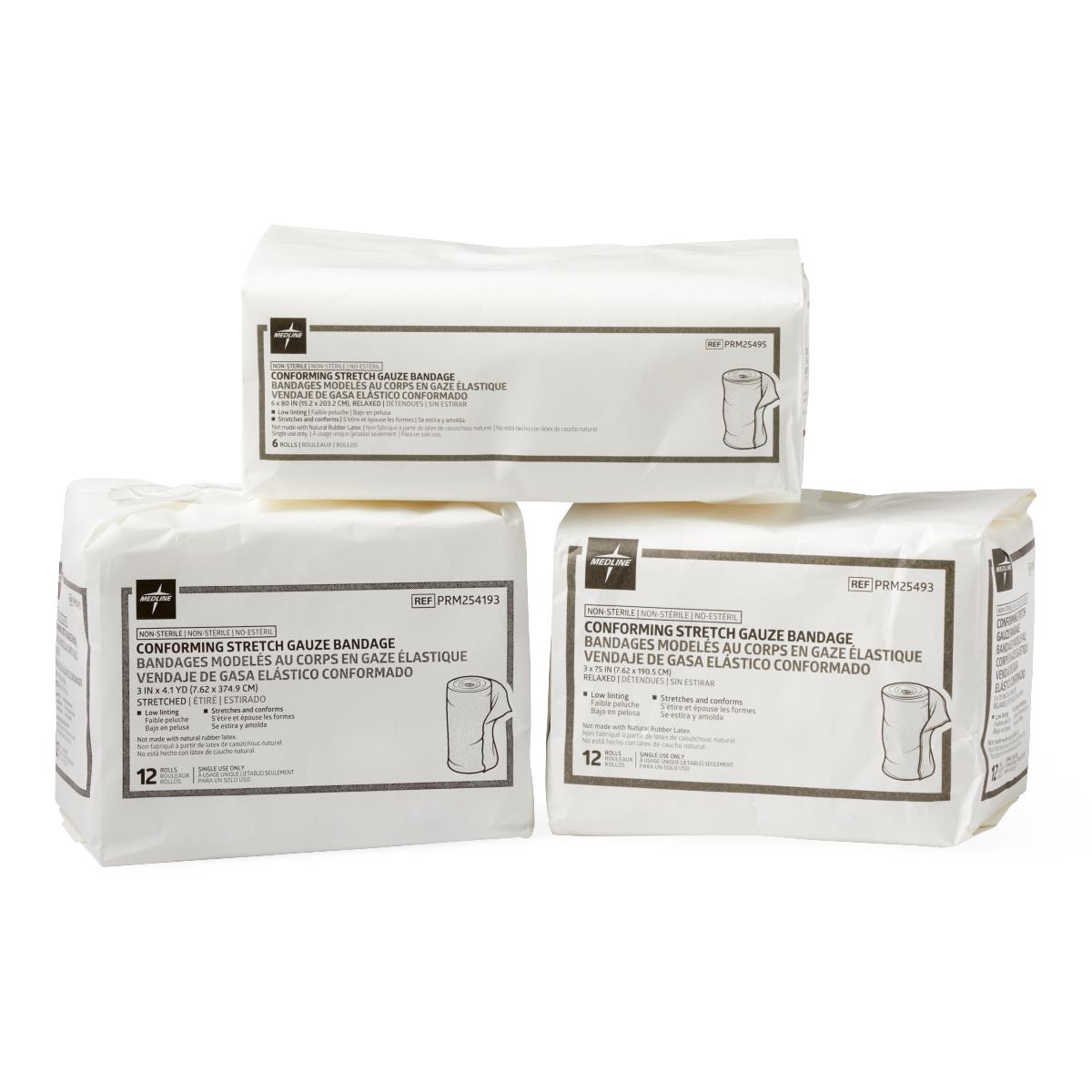 Conforming stretch gauze bandage rolls in three white packaged bundles of varying quantities on a white background