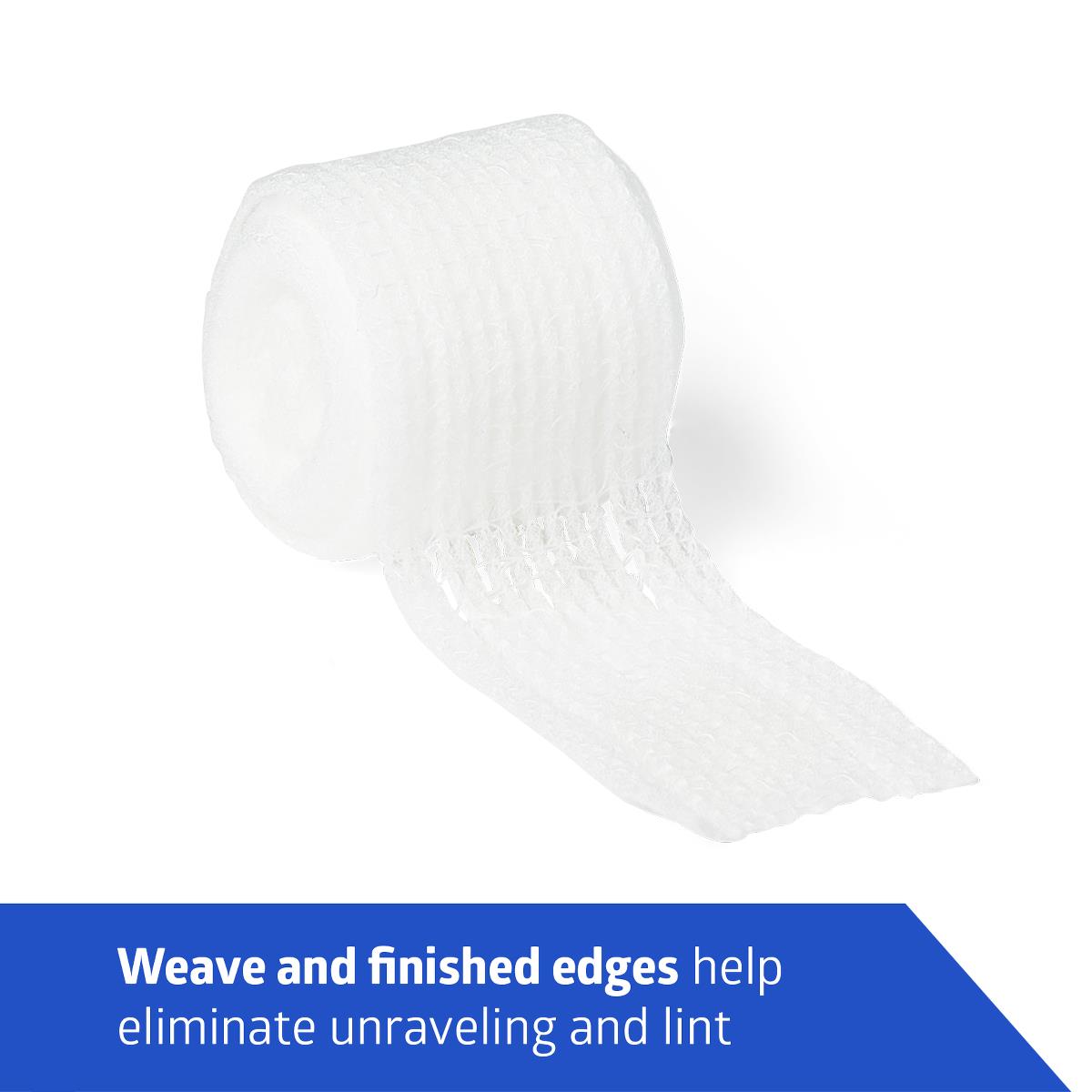 Conforming stretch gauze bandage roll showing open-weave texture and finished edges on white background