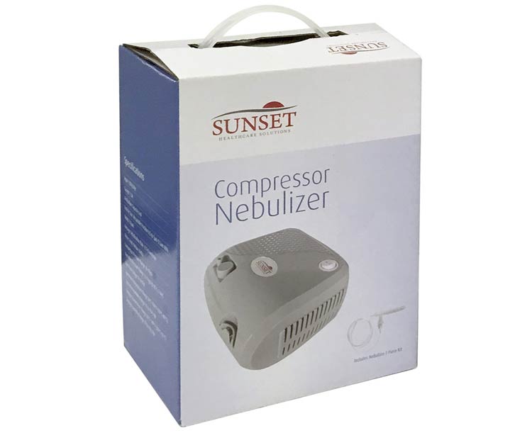 Compressor nebulizer in white and blue retail box with carry handle, showing device and tubing kit on packaging