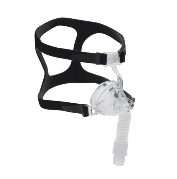 Nasal CPAP mask with clear silicone cushion, bottom-port connector, and black adjustable headgear straps on white background