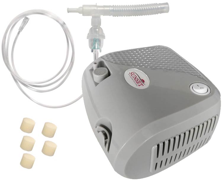 Nebulizer compressor machine with tubing, mouthpiece, mask, and replacement filters displayed on white background
