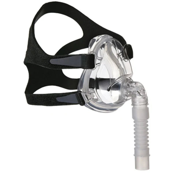 Nasal CPAP mask with clear silicone cushion, elbow connector, and black fabric headgear straps, shown on white background