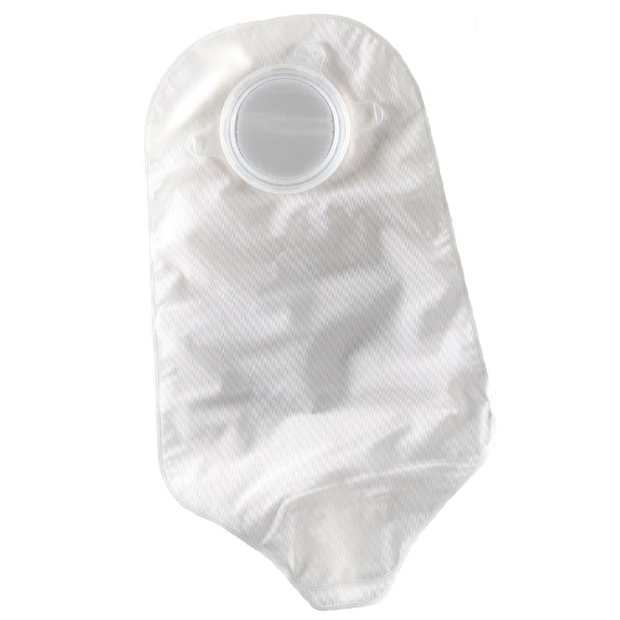 Urostomy pouch with round coupling flange, opaque white fabric panel, and sealed bottom, shown on white background