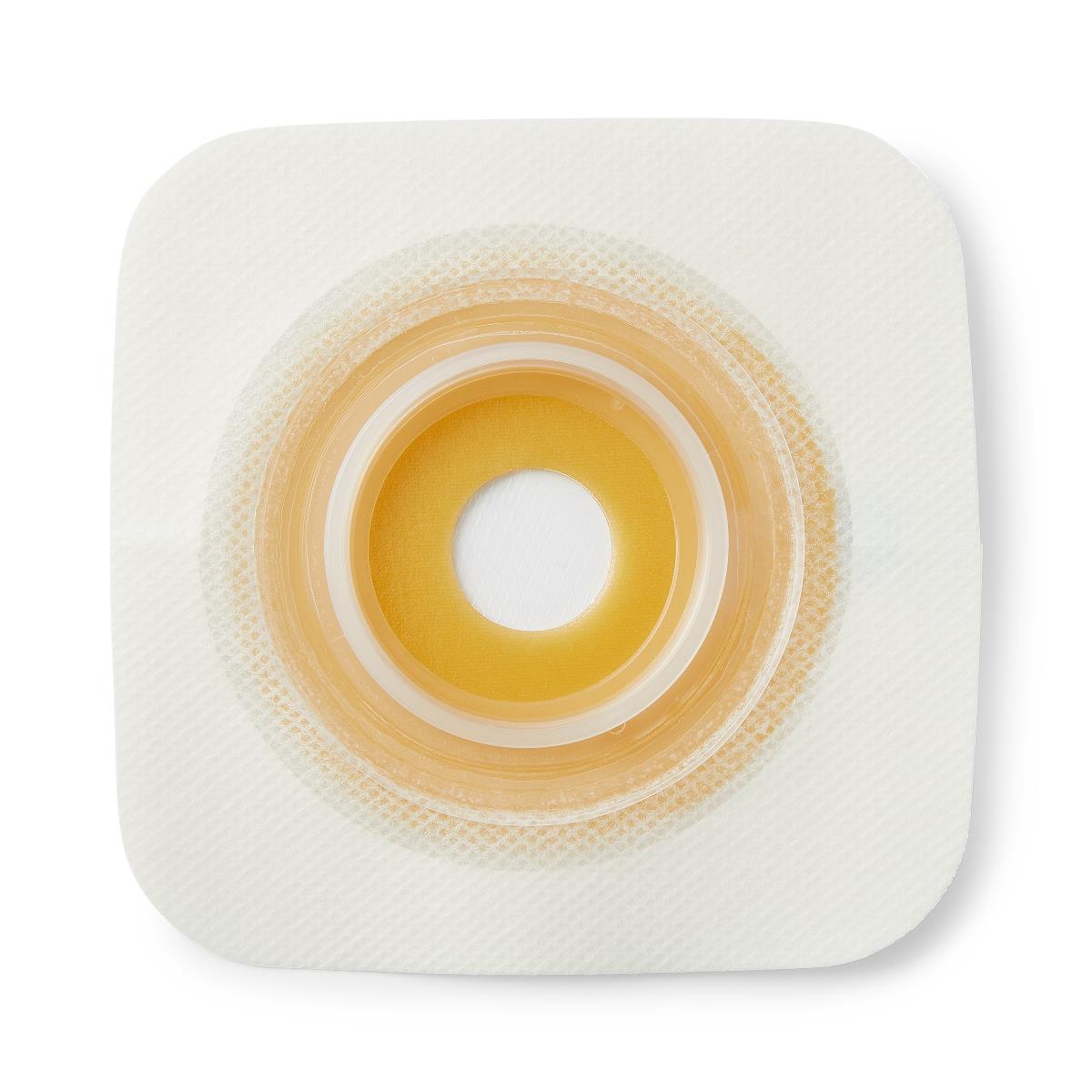 Ostomy skin barrier with white square adhesive flange, amber hydrocolloid wafer, and center stoma opening