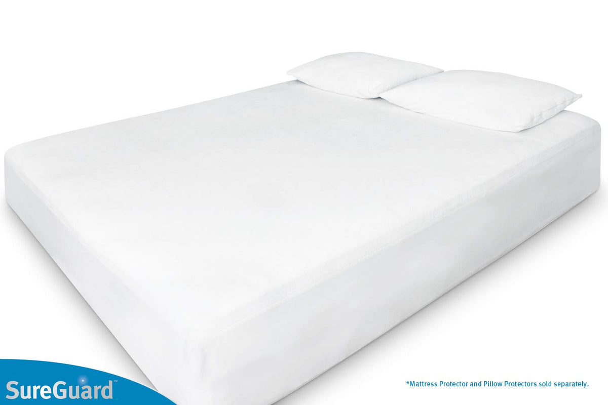Waterproof mattress protector in white fitted over a full mattress with two pillow protectors on a white background