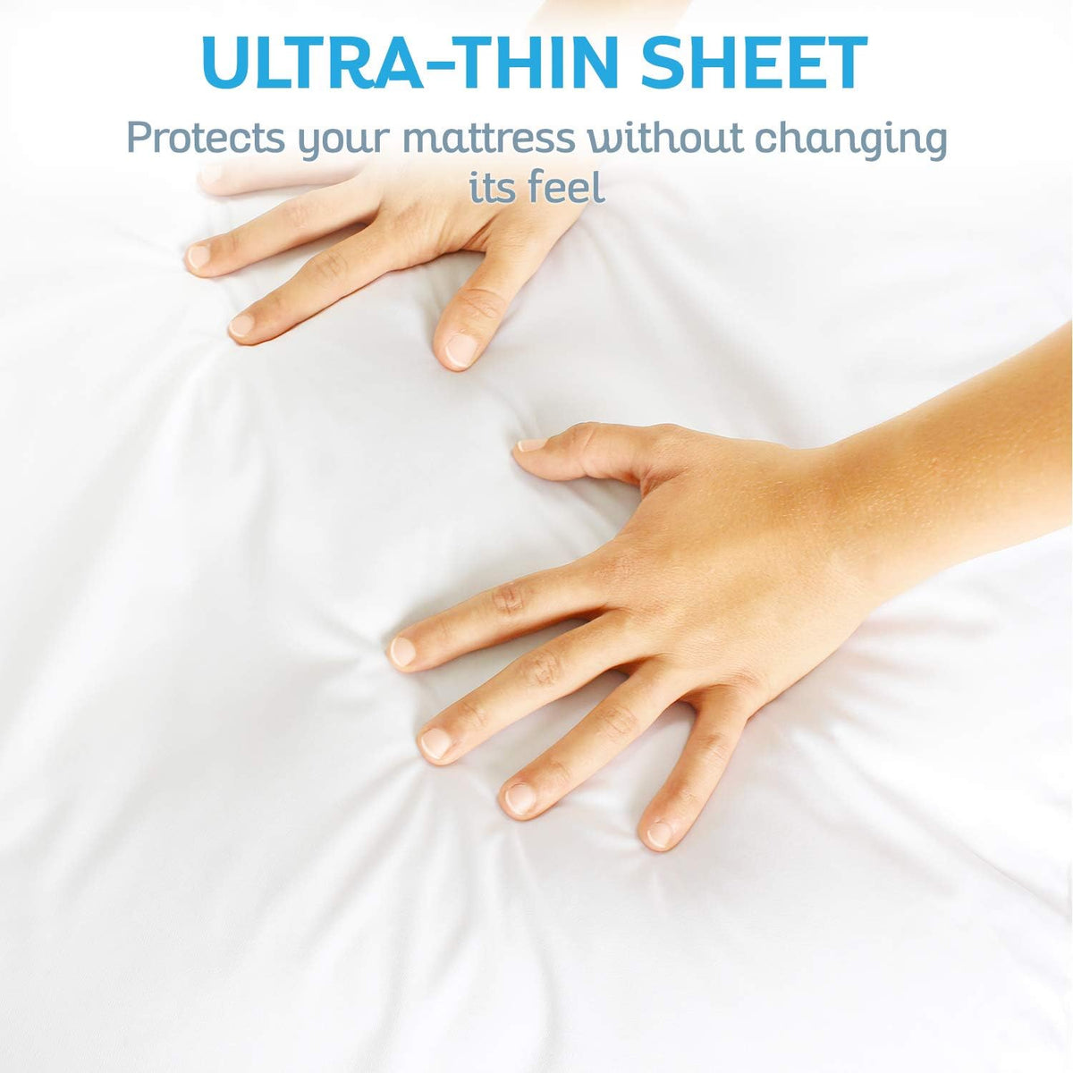 Waterproof mattress protector shown as white fitted sheet with two hands pressing down to demonstrate thin, flexible feel