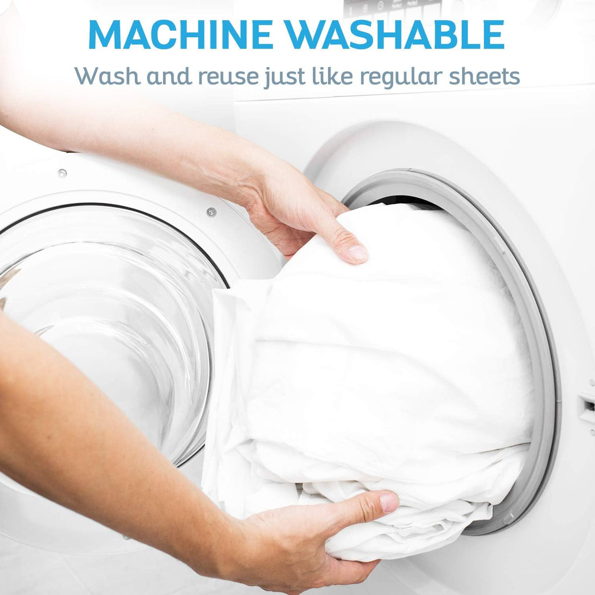 Waterproof mattress protector being loaded into a front-load washing machine, shown with white fabric and text reading
