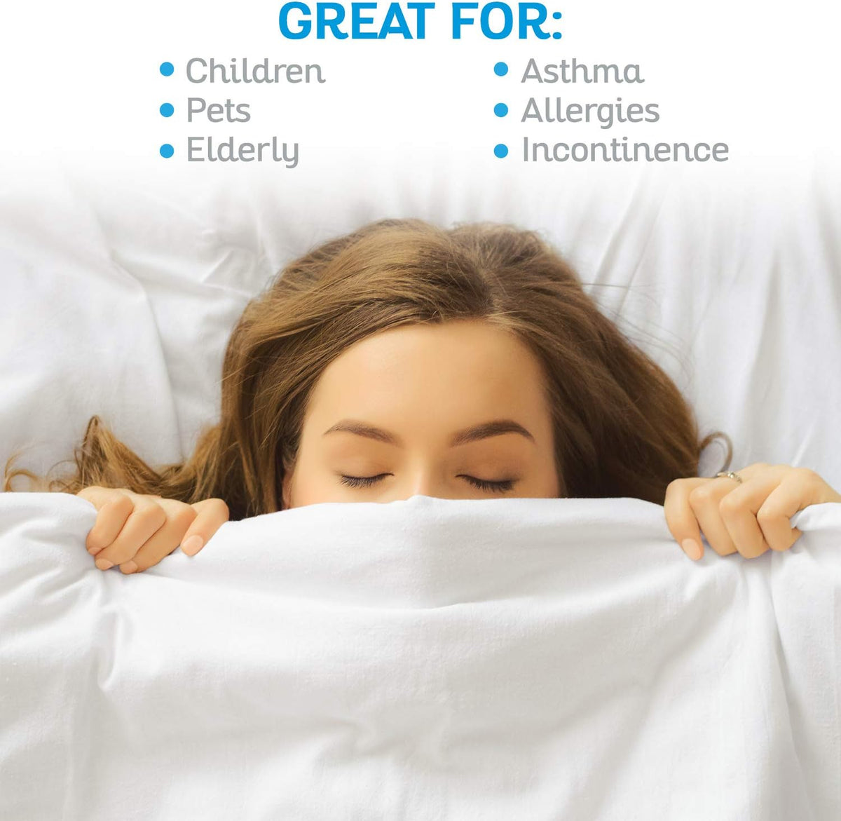 Waterproof mattress protector lifestyle image showing woman sleeping peacefully under white bedding with use-case text