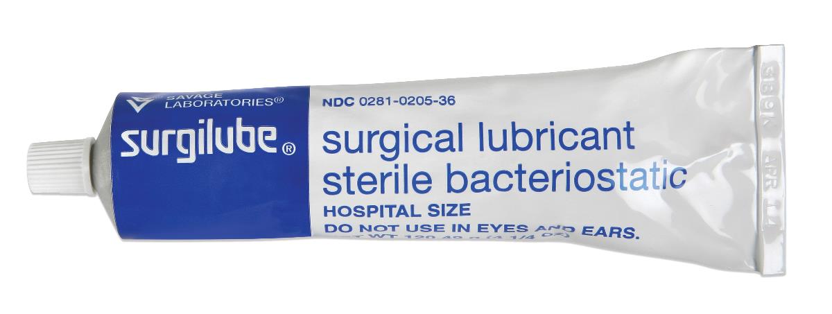 Surgilube surgical lubricant tube labeled sterile bacteriostatic hospital size with blue and white packaging
