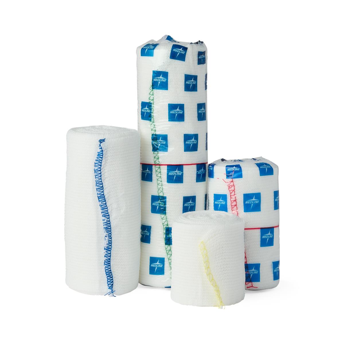 Elastic bandage rolls in multiple sizes with colored edge stitching, displayed upright against a white background