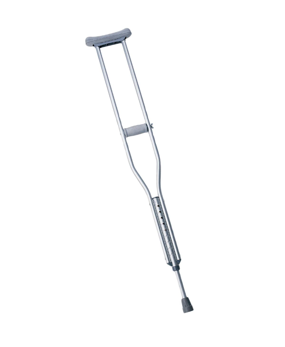 Underarm crutch with silver aluminum frame, gray padded armpit rest and hand grip, adjustable lower shaft, and rubber tip