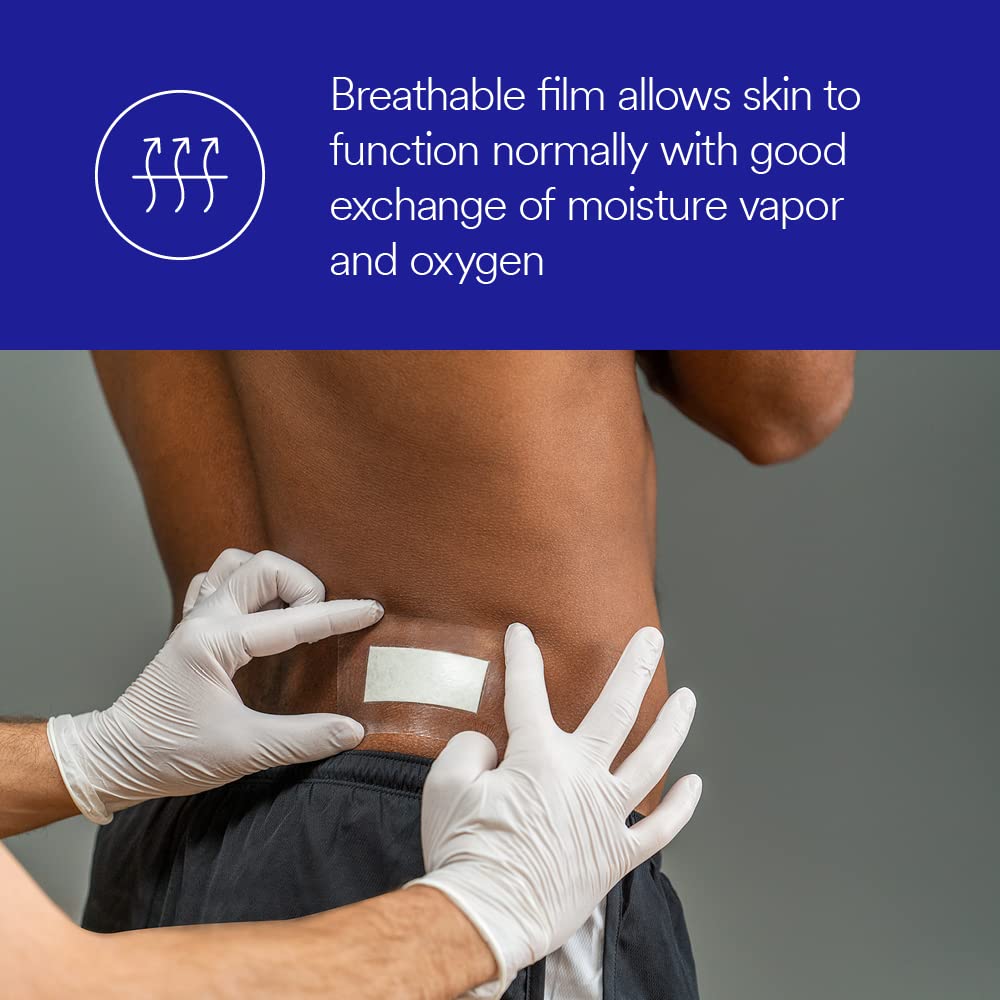 Transparent film dressing pad being applied to a patient's lower back by gloved hands