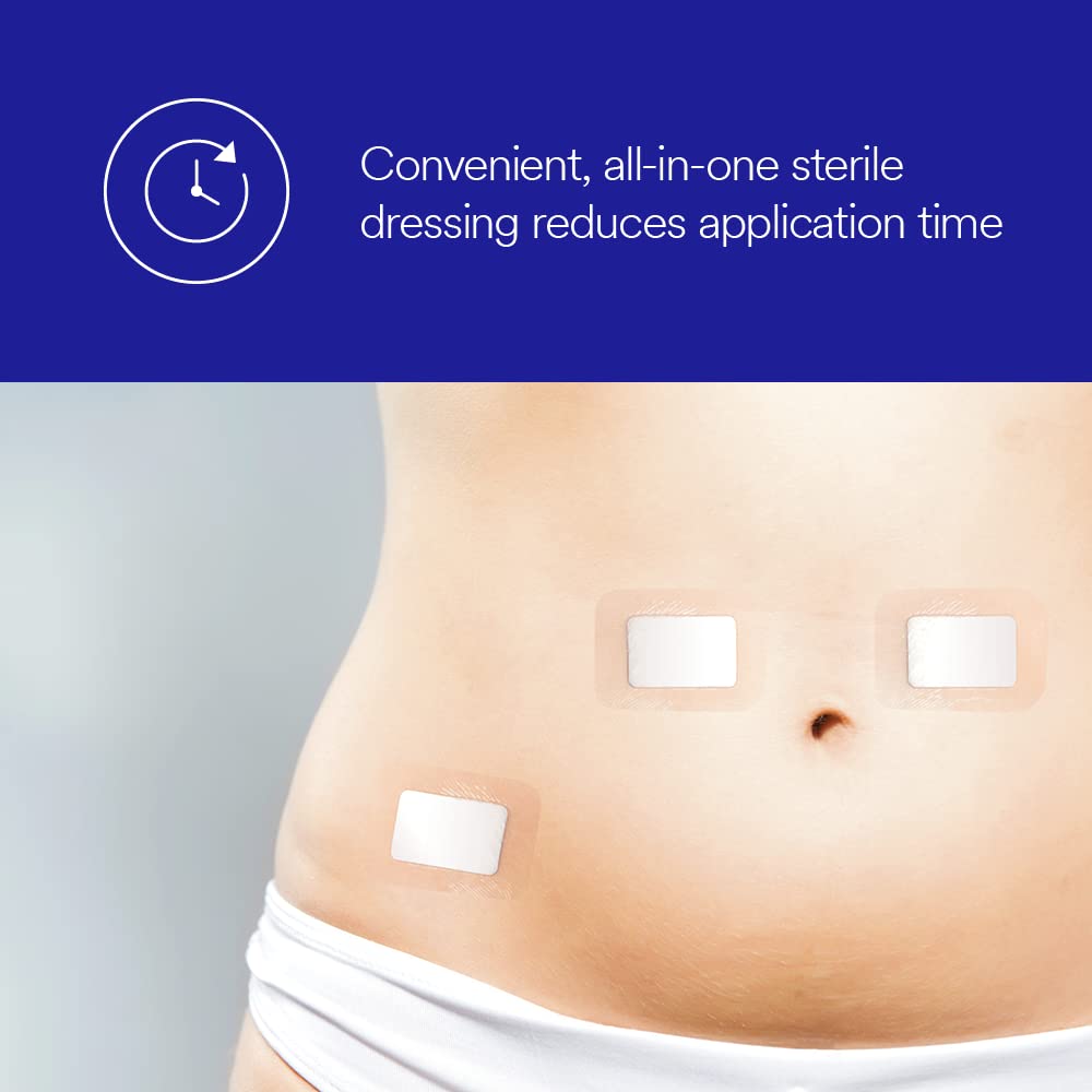 Sterile wound dressing pads applied to a person's abdomen, shown in a product feature graphic on blue background