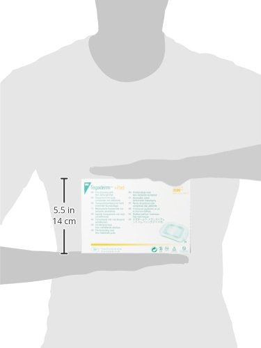 Tegaderm +Pad transparent film dressing box held against a person's torso with a size reference arrow showing 5.5 inches