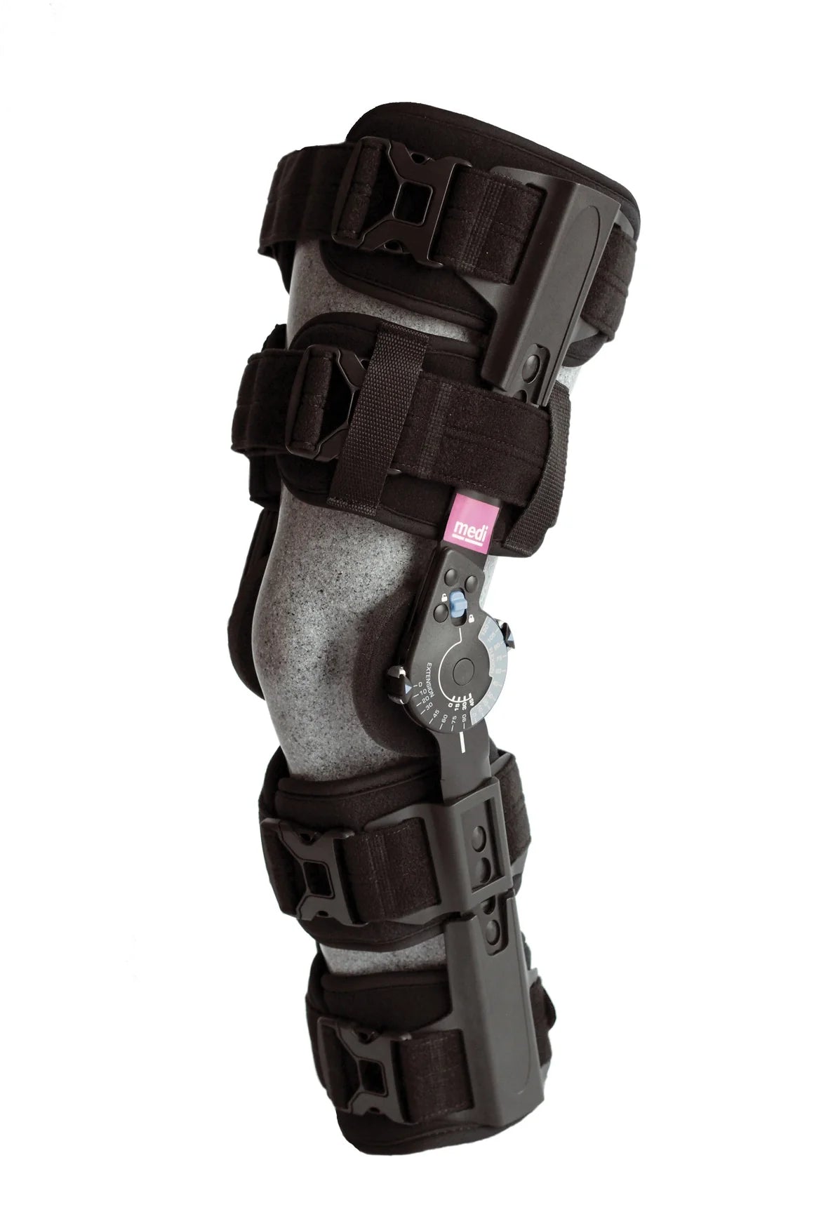 Tele-ROM post-op knee brace in black with adjustable hinged dial, multiple straps, and rigid frame shown on leg form