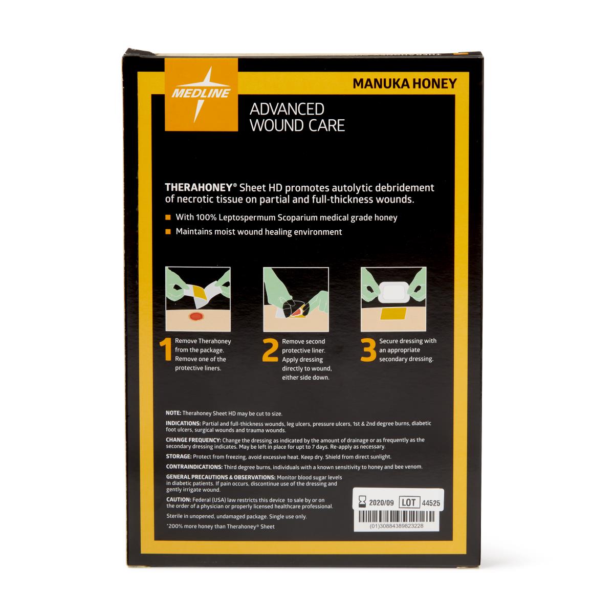Manuka honey wound dressing box back panel showing application instructions, product details, and black and gold packaging