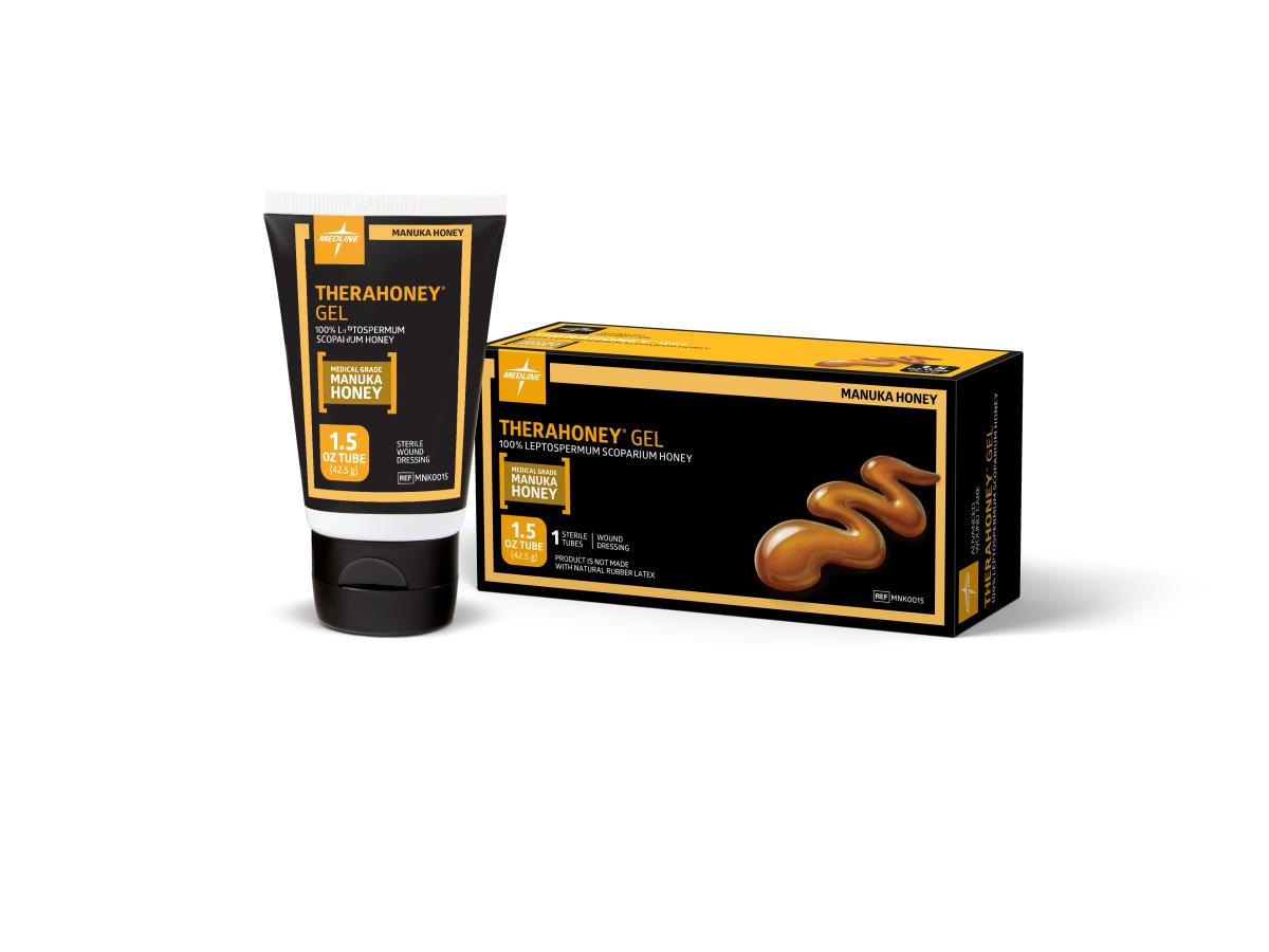 Therahoney Gel manuka honey wound gel tube beside its black and gold retail box on white background
