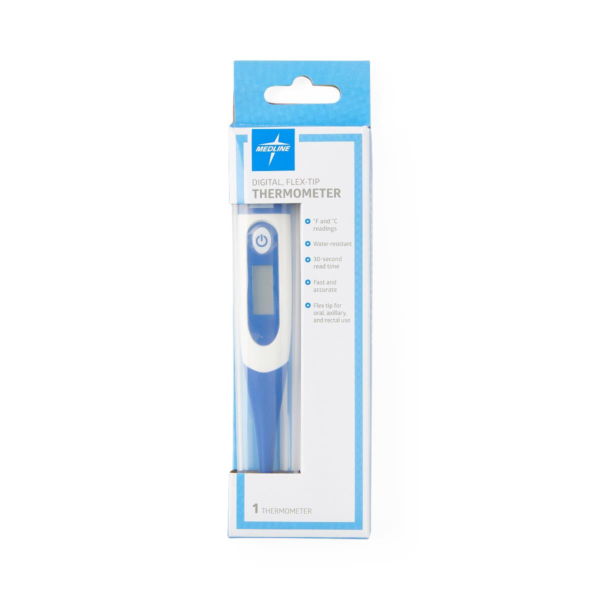 Digital flex-tip thermometer in blue and white displayed in light blue retail packaging on a white background